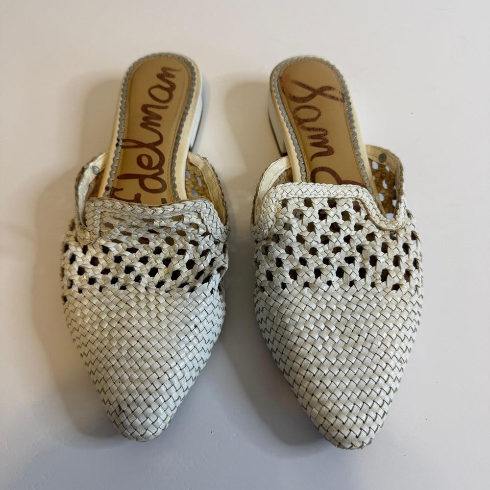 Sam Edelman White Woven Leather Mules Pointed Toe Slip On Flats Size 8